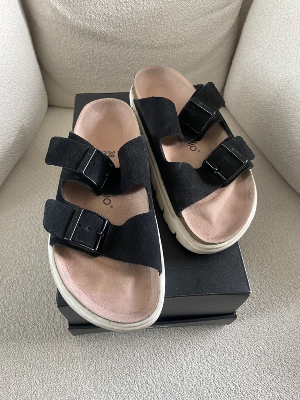 Papillio Black Suede Double-Strap Sandals